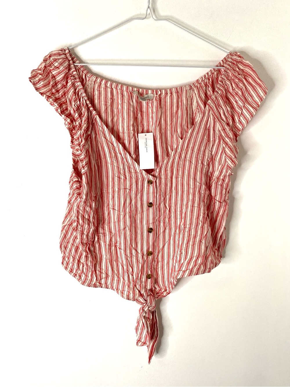 American Eagle NWT Red White Striped Off Shoulder Tie Front Button Top
